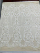 Damask Stretch Sequin - White - Designer Damask Fabric on 4 Way Stretch Mesh Yard