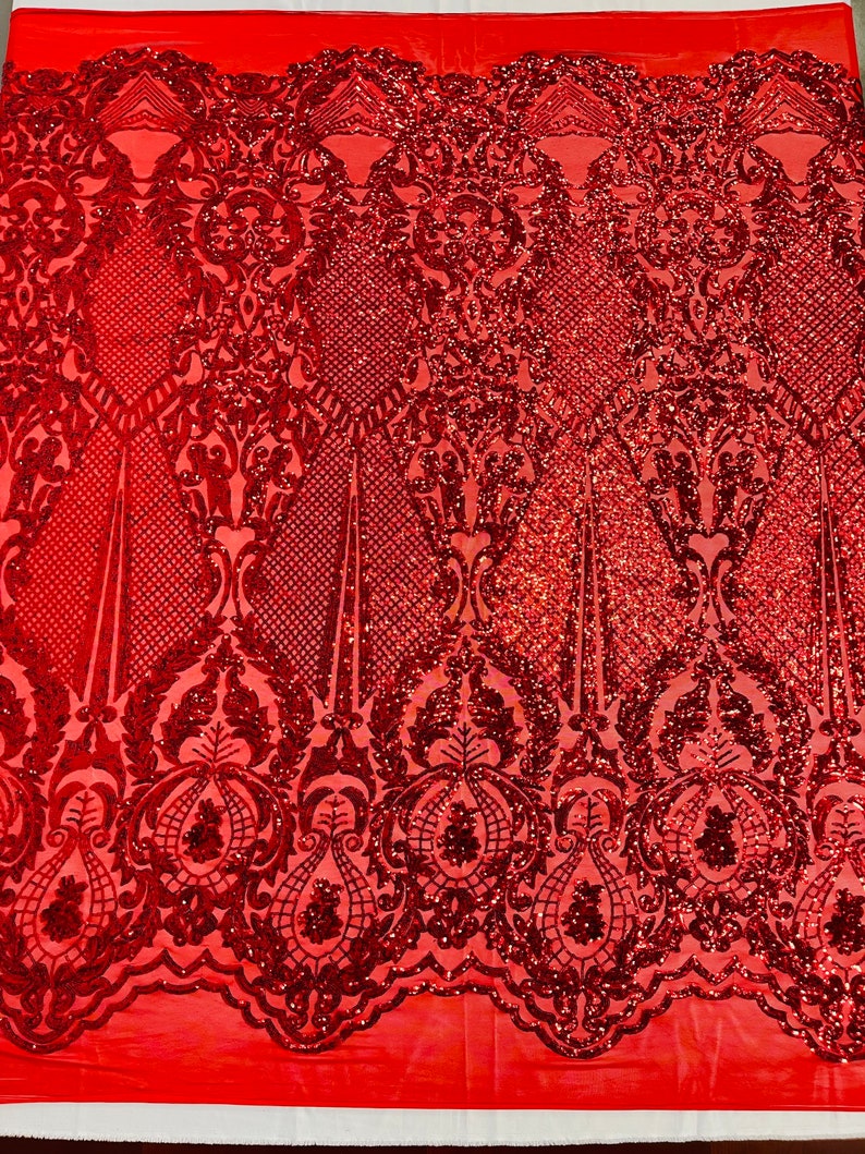 Damask Stretch Sequin - Red - Designer Damask Fabric on 4 Way Stretch Mesh Yard