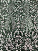 Damask Stretch Sequin - Hunter Green Designer Fabric on 4 Way Stretch Mesh Yard