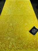 Sequin Damask Design - Yellow Iridescent - 4 Way Stretch Sequin Fabric Spandex Mesh By Yard