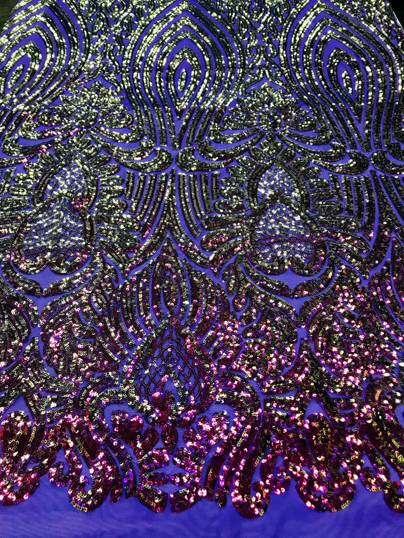 Sequin Damask Design - Purple Iridescent - 4 Way Stretch Sequin Fabric Spandex Mesh By Yard