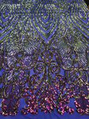 Sequin Damask Design - Purple Iridescent - 4 Way Stretch Sequin Fabric Spandex Mesh By Yard