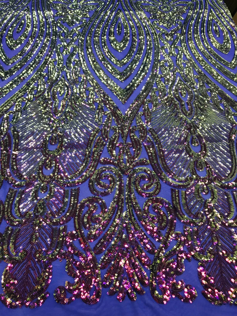 Sequin Damask Design - Purple Iridescent - 4 Way Stretch Sequin Fabric Spandex Mesh By Yard