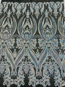 Iridescent Sequins Fabric on Mesh - by the yard - Damask Design 4 Way Stretch Sequin Fabric