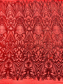 Sequins Fabric - Red - Damask Pattern 4 Way Stretch Fabric Sold By Yard