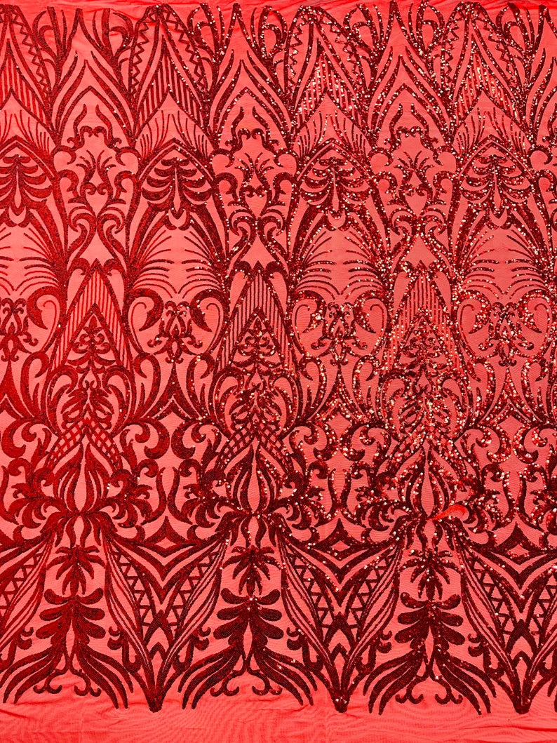 Sequins Fabric - Red - Damask Pattern 4 Way Stretch Fabric Sold By Yard