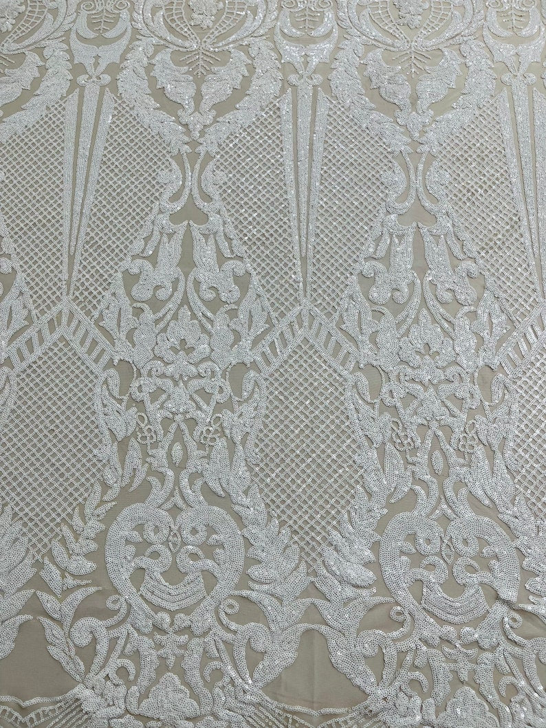Damask Stretch Sequin - White - Designer Damask Fabric on 4 Way Stretch Mesh Yard