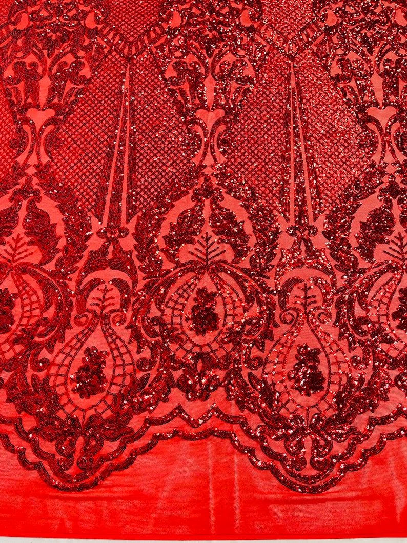 Damask Stretch Sequin - Red - Designer Damask Fabric on 4 Way Stretch Mesh Yard