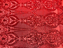 Damask Stretch Sequin - Red - Designer Damask Fabric on 4 Way Stretch Mesh Yard