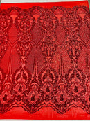 Damask Stretch Sequin - Red - Designer Damask Fabric on 4 Way Stretch Mesh Yard