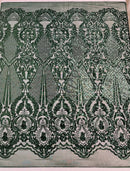 Damask Stretch Sequin - Hunter Green Designer Fabric on 4 Way Stretch Mesh Yard