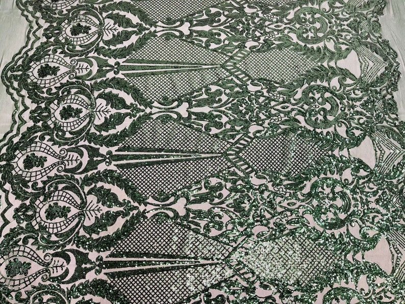 Damask Stretch Sequin - Hunter Green Designer Fabric on 4 Way Stretch Mesh Yard