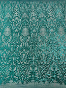 Sequins Fabric - Teal Green - Damask Pattern 4 Way Stretch Fabric Sold By Yard