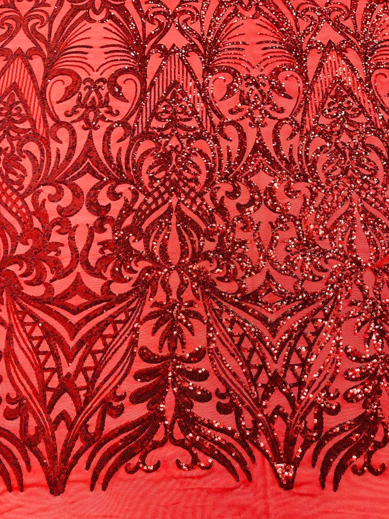 Sequins Fabric - Red - Damask Pattern 4 Way Stretch Fabric Sold By Yard