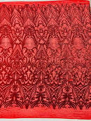 Sequins Fabric - Red - Damask Pattern 4 Way Stretch Fabric Sold By Yard