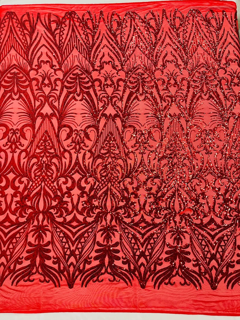 Sequins Fabric - Red - Damask Pattern 4 Way Stretch Fabric Sold By Yard