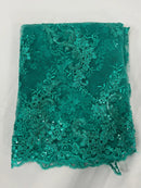 Floral Cluster Fabric - Jade - Embroidered Floral Lace w/ Sequins on a Mesh Lace By Yard