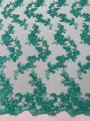 Floral Cluster Fabric - Jade - Embroidered Floral Lace w/ Sequins on a Mesh Lace By Yard