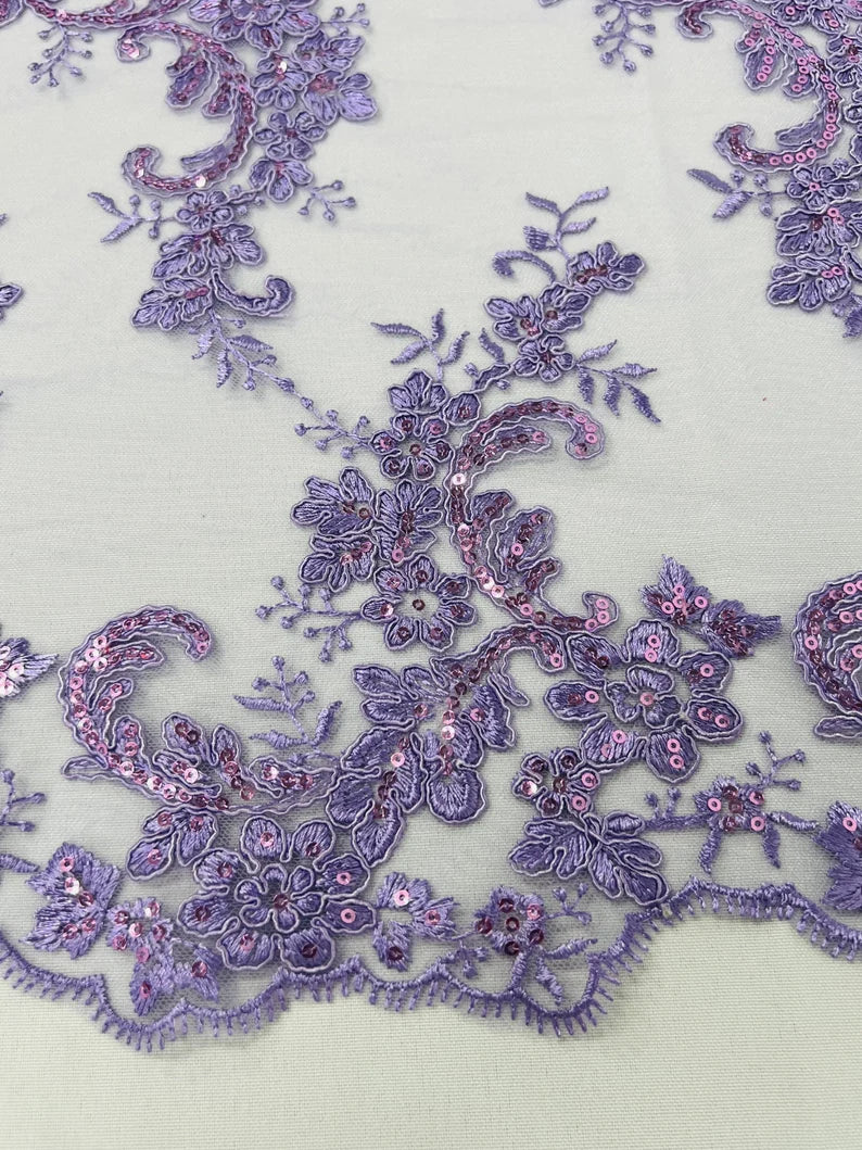 Floral Cluster Fabric - Lavender - Embroidered Floral Lace w/ Sequins on a Mesh Lace By Yard