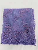 Floral Cluster Fabric - Lavender - Embroidered Floral Lace w/ Sequins on a Mesh Lace By Yard