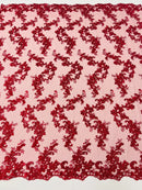 Floral Cluster Fabric - Burgundy - Embroidered Floral Lace w/ Sequins on a Mesh Lace By Yard
