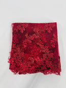 Floral Cluster Fabric - Burgundy - Embroidered Floral Lace w/ Sequins on a Mesh Lace By Yard