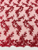 Floral Cluster Fabric - Burgundy - Embroidered Floral Lace w/ Sequins on a Mesh Lace By Yard