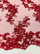 Floral Cluster Fabric - Burgundy - Embroidered Floral Lace w/ Sequins on a Mesh Lace By Yard