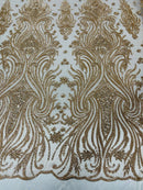 Luxury Beaded Design - Rose Gold - Sold By Yard Floral Fabric Embroidered w/ Pearls-Beads on Mesh Lace