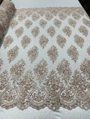 Floral Cluster Bead Fabric - Blush - Embroidered Flowers with Beads on Mesh Fabric Sold By Yard