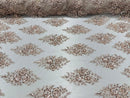 Floral Cluster Bead Fabric - Blush - Embroidered Flowers with Beads on Mesh Fabric Sold By Yard