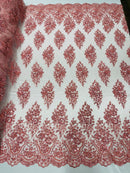 Floral Cluster Bead Fabric - Dusty Rose - Embroidered Flowers with Beads on Mesh Fabric Sold By Yard