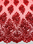 Floral Cluster Bead Fabric - Red - Embroidered Flowers with Beads on Mesh Fabric Sold By Yard
