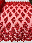 Floral Cluster Bead Fabric - Red - Embroidered Flowers with Beads on Mesh Fabric Sold By Yard