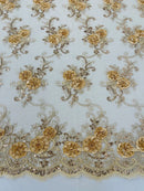Floral Fabric - Champagne - Sold By Yard Embroidered Roses With Sequins on a Mesh Lace Fabric