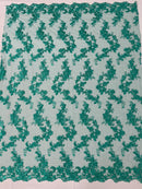 Floral Cluster Fabric - Jade - Embroidered Floral Lace w/ Sequins on a Mesh Lace By Yard