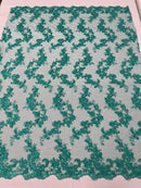 Floral Cluster Fabric - Jade - Embroidered Floral Lace w/ Sequins on a Mesh Lace By Yard