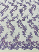 Floral Cluster Fabric - Lavender - Embroidered Floral Lace w/ Sequins on a Mesh Lace By Yard
