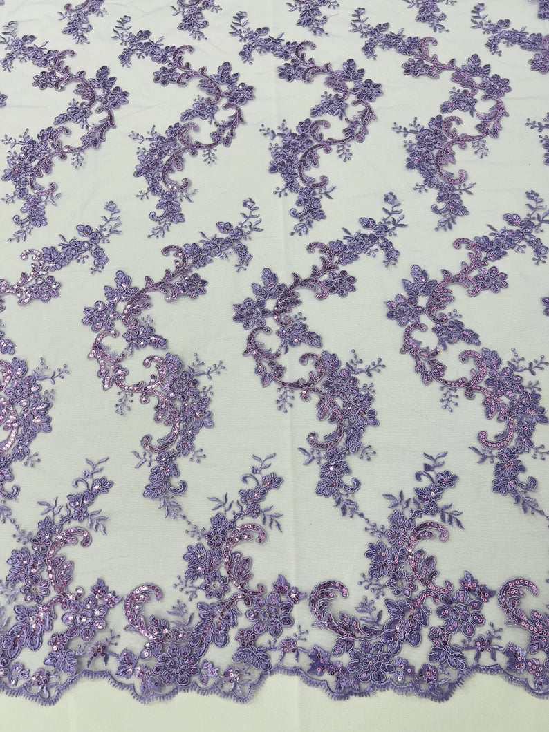 Floral Cluster Fabric - Lavender - Embroidered Floral Lace w/ Sequins on a Mesh Lace By Yard