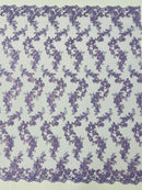 Floral Cluster Fabric - Lavender - Embroidered Floral Lace w/ Sequins on a Mesh Lace By Yard