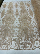 Luxury Beaded Design - Rose Gold - Sold By Yard Floral Fabric Embroidered w/ Pearls-Beads on Mesh Lace