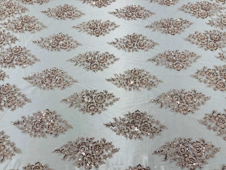 Floral Cluster Bead Fabric - Blush - Embroidered Flowers with Beads on Mesh Fabric Sold By Yard