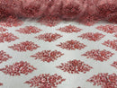 Floral Cluster Bead Fabric - Dusty Rose - Embroidered Flowers with Beads on Mesh Fabric Sold By Yard