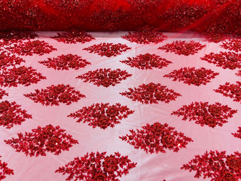 Floral Cluster Bead Fabric - Red - Embroidered Flowers with Beads on Mesh Fabric Sold By Yard