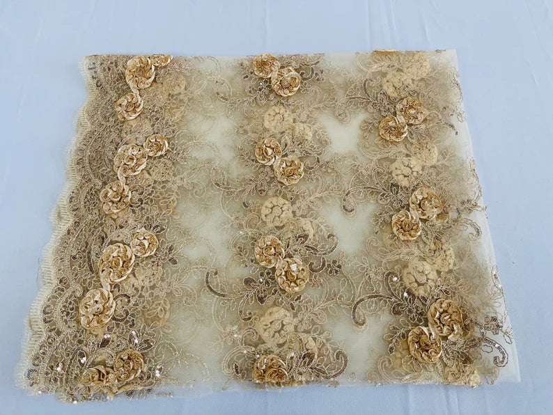 Floral Fabric - Champagne - Sold By Yard Embroidered Roses With Sequins on a Mesh Lace Fabric