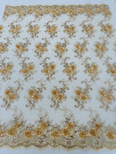Floral Fabric - Champagne - Sold By Yard Embroidered Roses With Sequins on a Mesh Lace Fabric