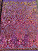 Magenta Purple Gold Sequin Geometric Design, 4 Way Stretch Sequin Fabric On Spandex Mesh-Prom-Gown By The Yard