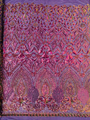 Magenta Purple Gold Sequin Geometric Design, 4 Way Stretch Sequin Fabric On Spandex Mesh-Prom-Gown By The Yard