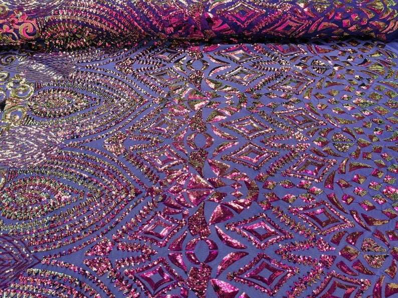 Magenta Purple Gold Sequin Geometric Design, 4 Way Stretch Sequin Fabric On Spandex Mesh-Prom-Gown By The Yard