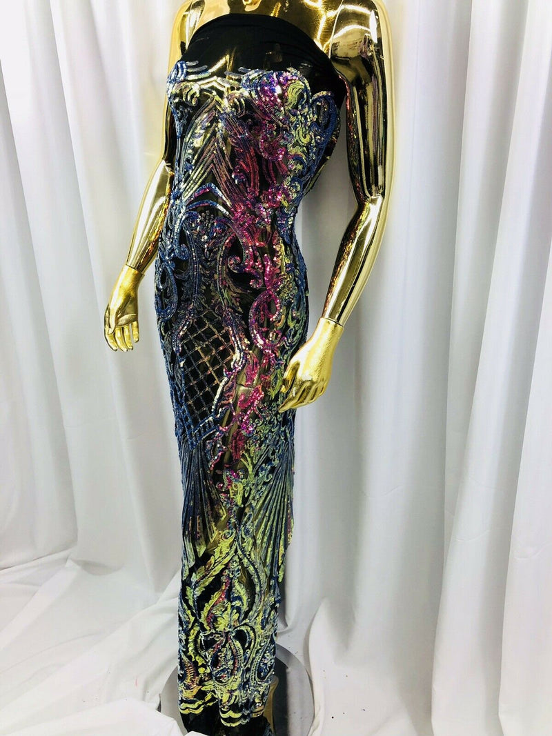 Iridescent Rainbow 4 Way Stretch Sequin Fabric Spandex Mesh-Prom-Gown By The Yard